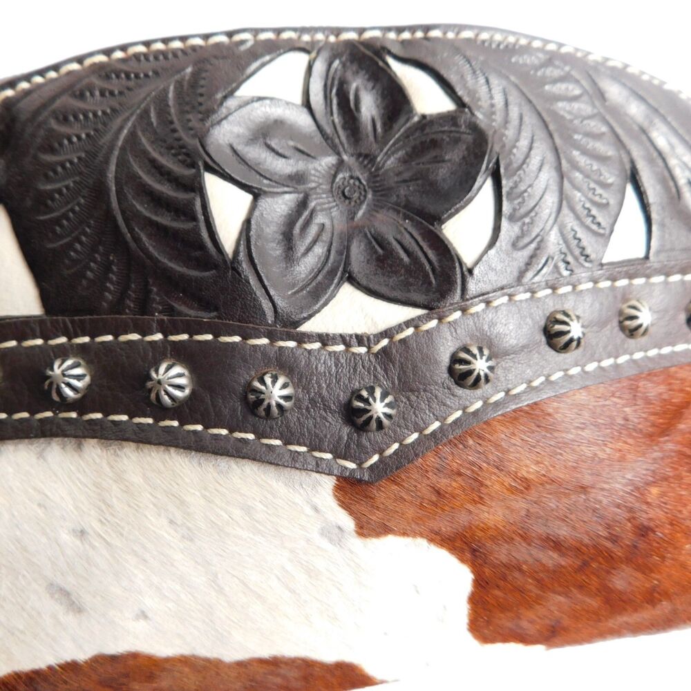 American West Hand Tooled Leather Cow Print Small Travel Cosmetic Zip Up Bag - Picture 6 of 14